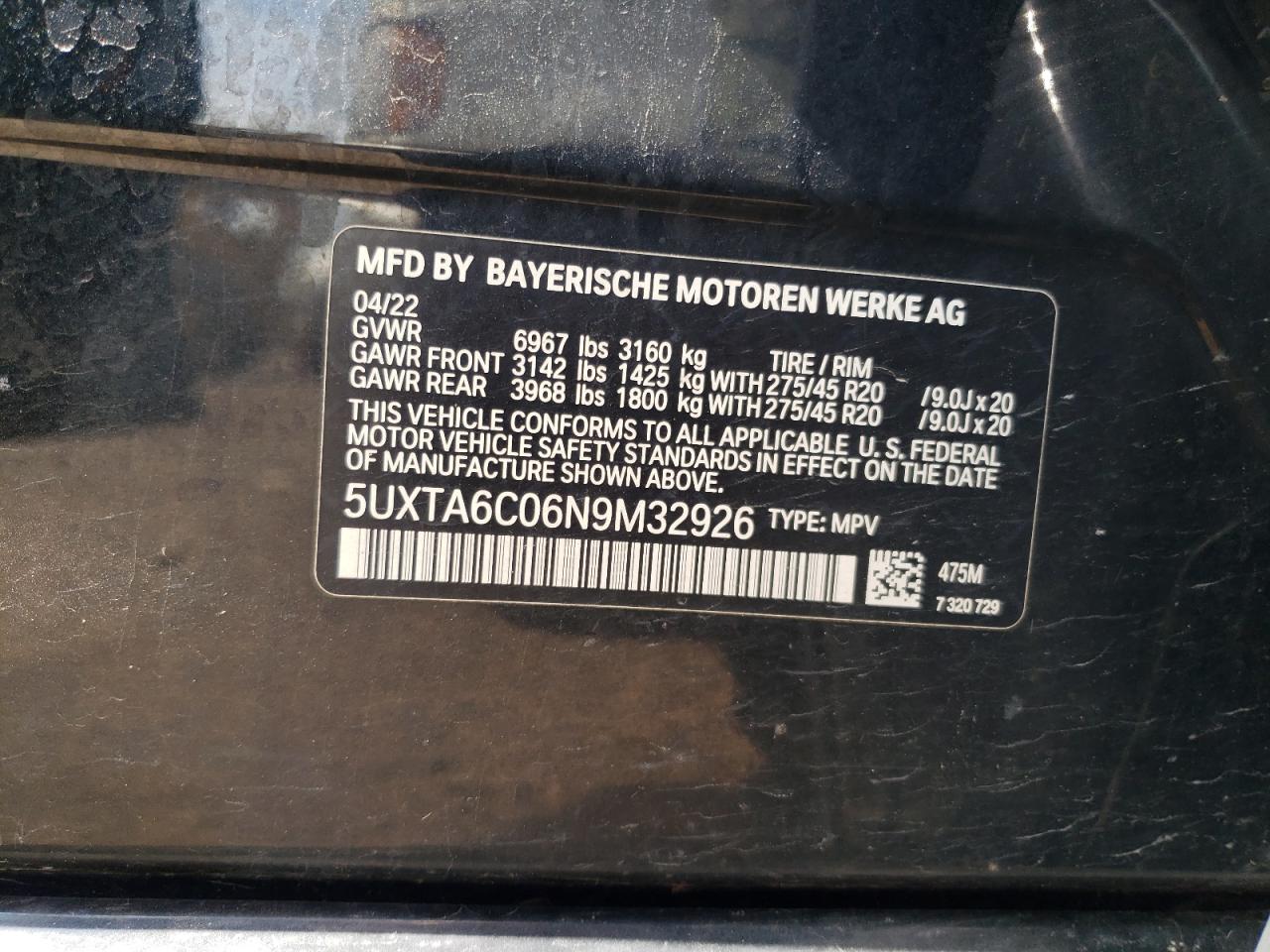 5UXTA6C06N9M32926 2022 BMW X5 xDrive45E