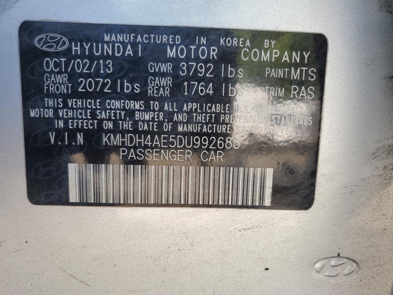 KMHDH4AE5DU992688 2013 Hyundai Elantra Gls