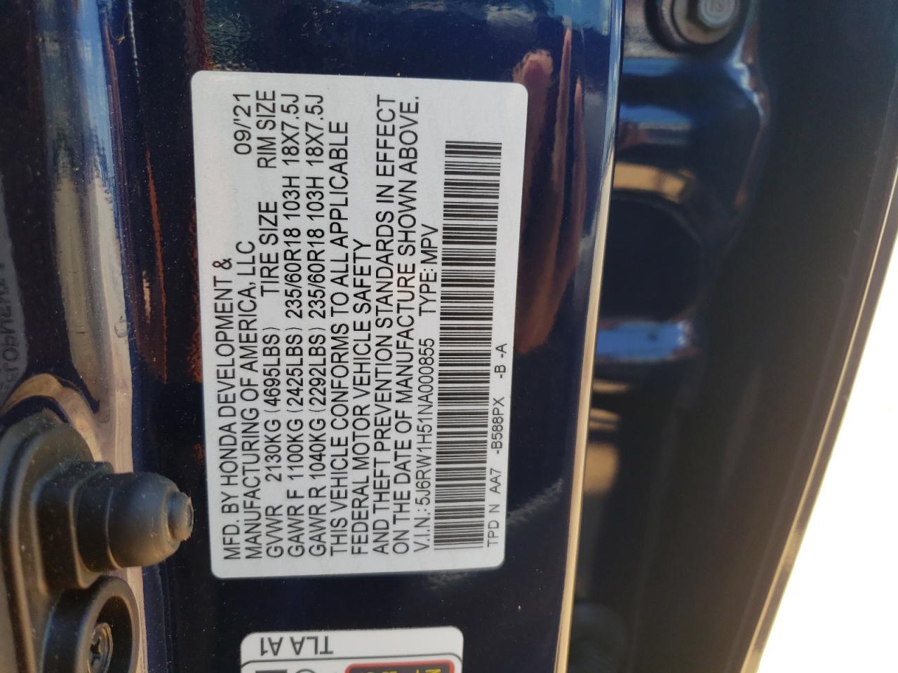 5J6RW1H51NA000855 2022 Honda Cr-V Ex