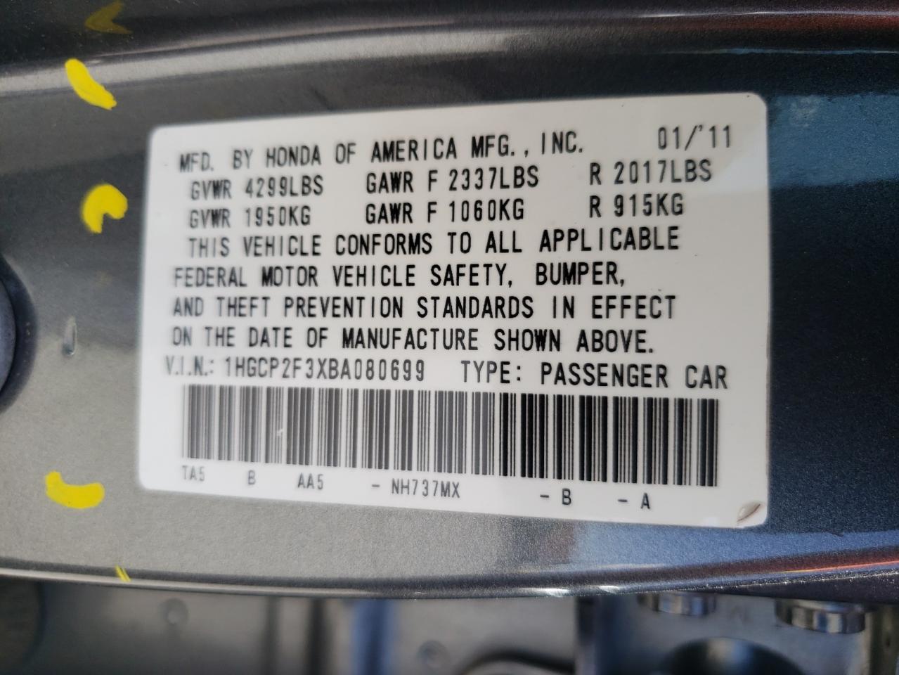 1HGCP2F3XBA080699 2011 Honda Accord Lx