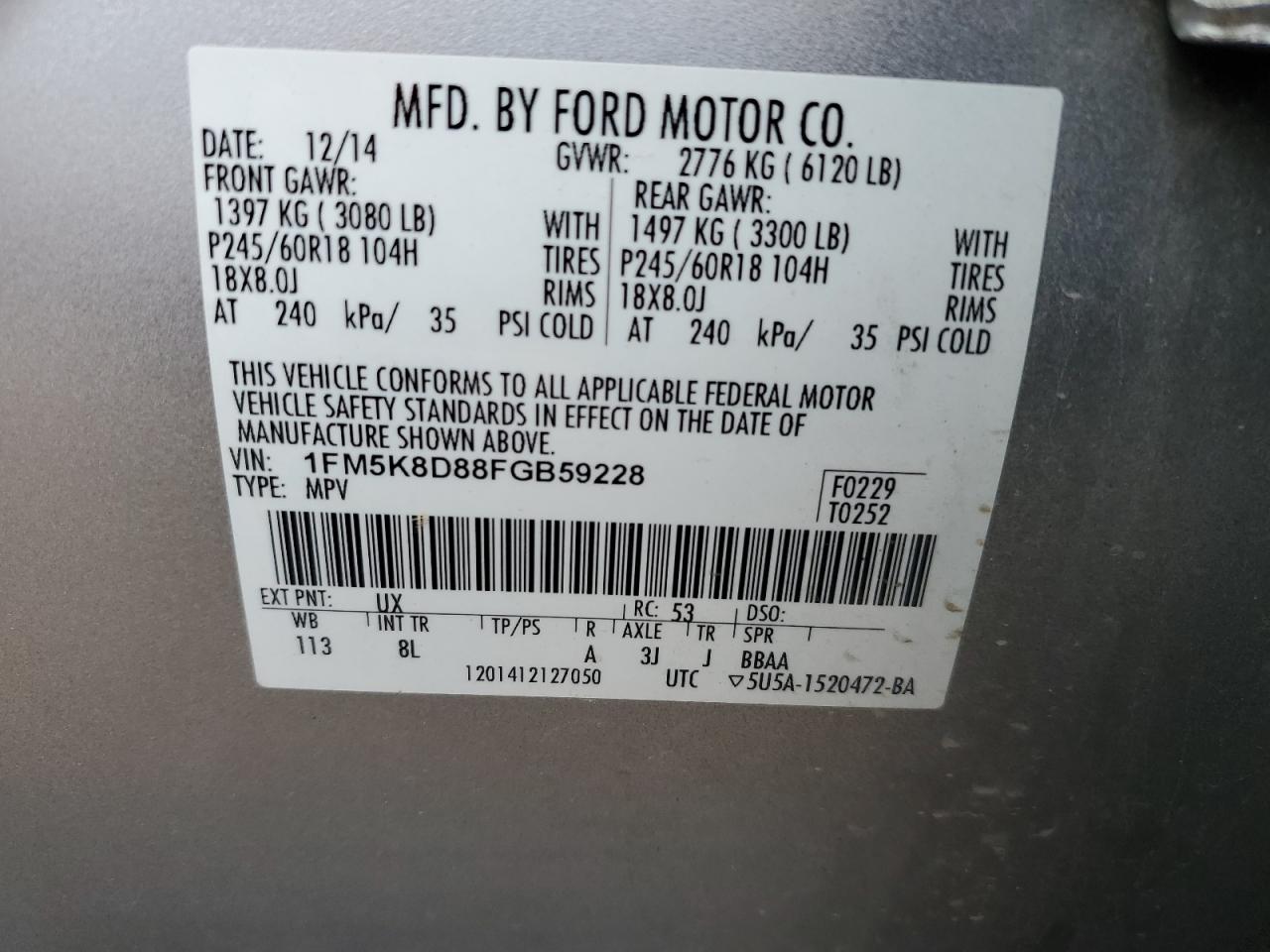 1FM5K8D88FGB59228 2015 Ford Explorer Xlt