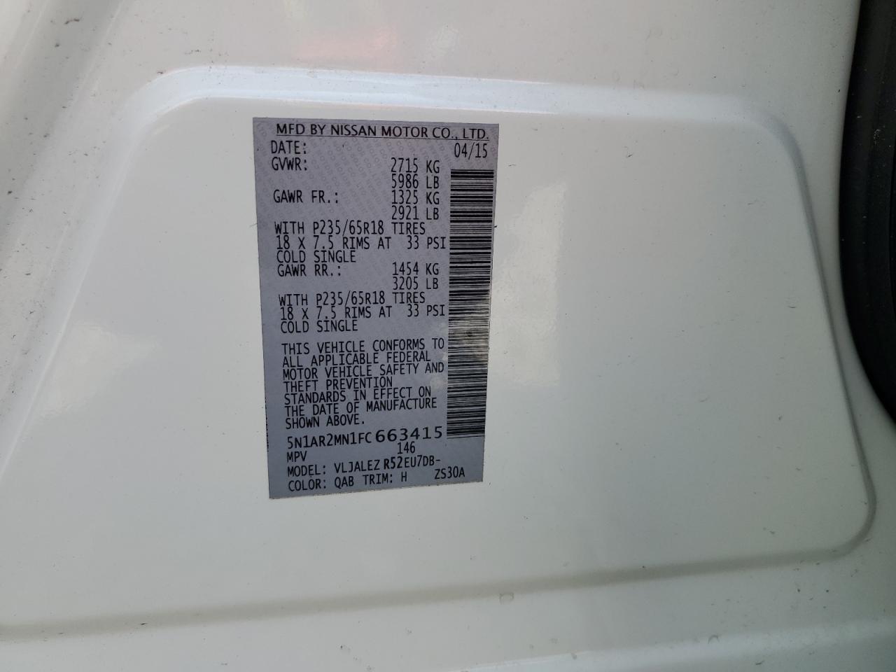 5N1AR2MN1FC663415 2015 Nissan Pathfinder S