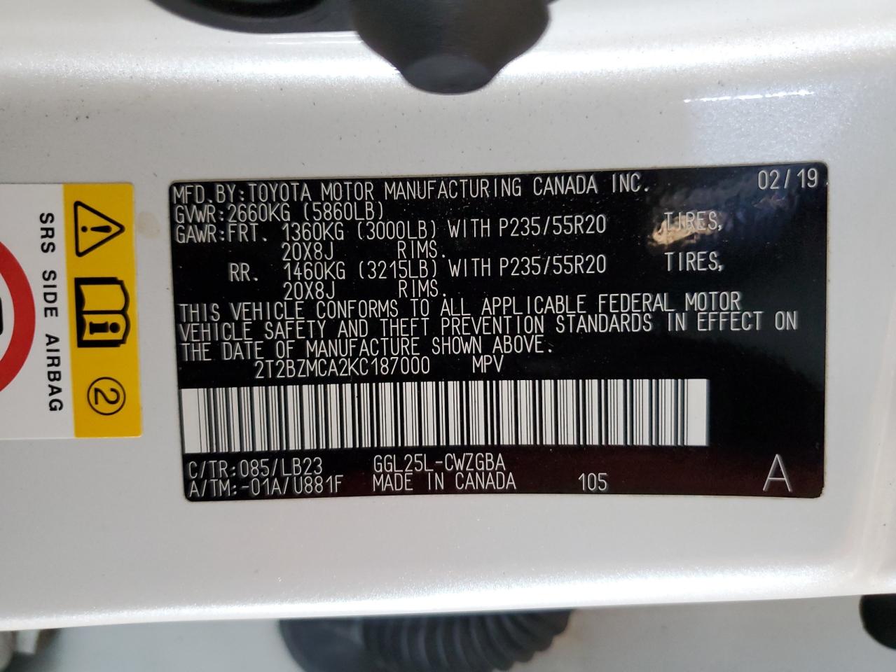 2T2BZMCA2KC187000 2019 Lexus Rx 350 Base