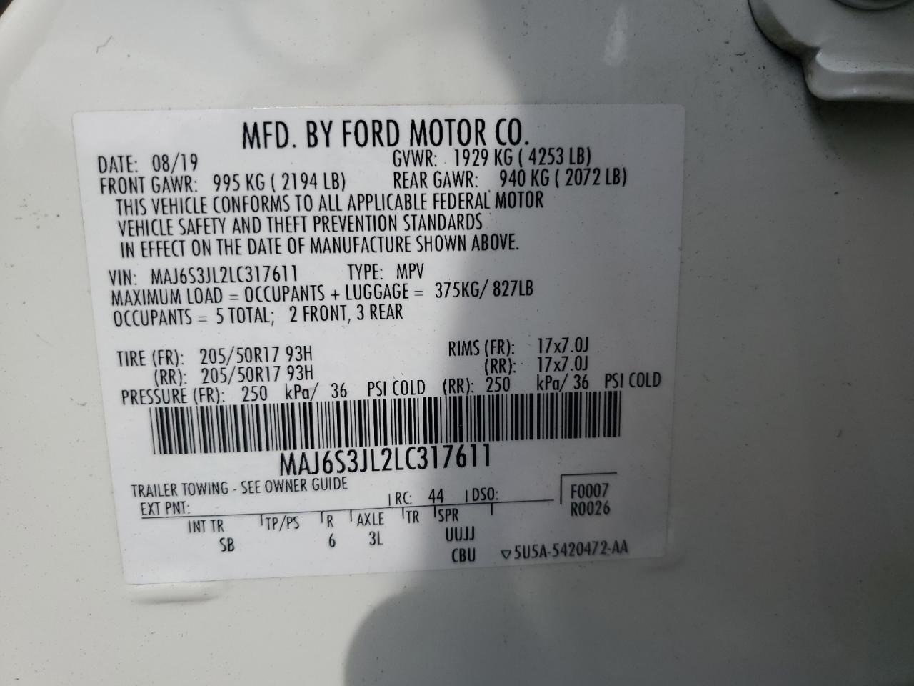 MAJ6S3JL2LC317611 2020 Ford Ecosport Ses