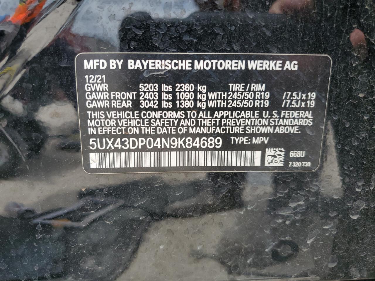5UX43DP04N9K84689 2022 BMW X3 Sdrive30I
