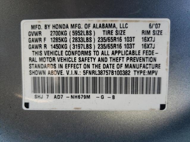 2007 Honda Odyssey Exl VIN: 5FNRL38757B100382 Lot: 59176374