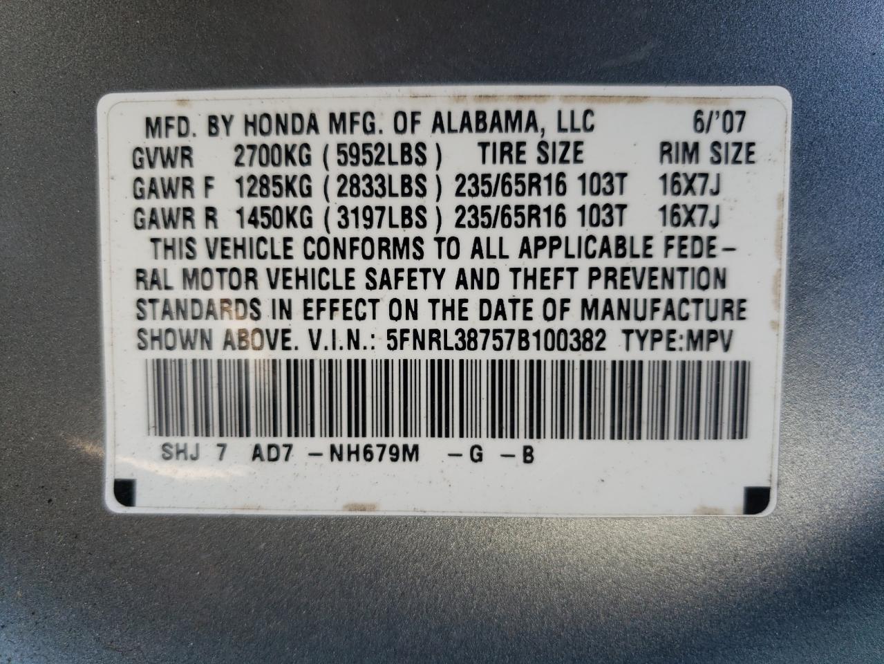 5FNRL38757B100382 2007 Honda Odyssey Exl