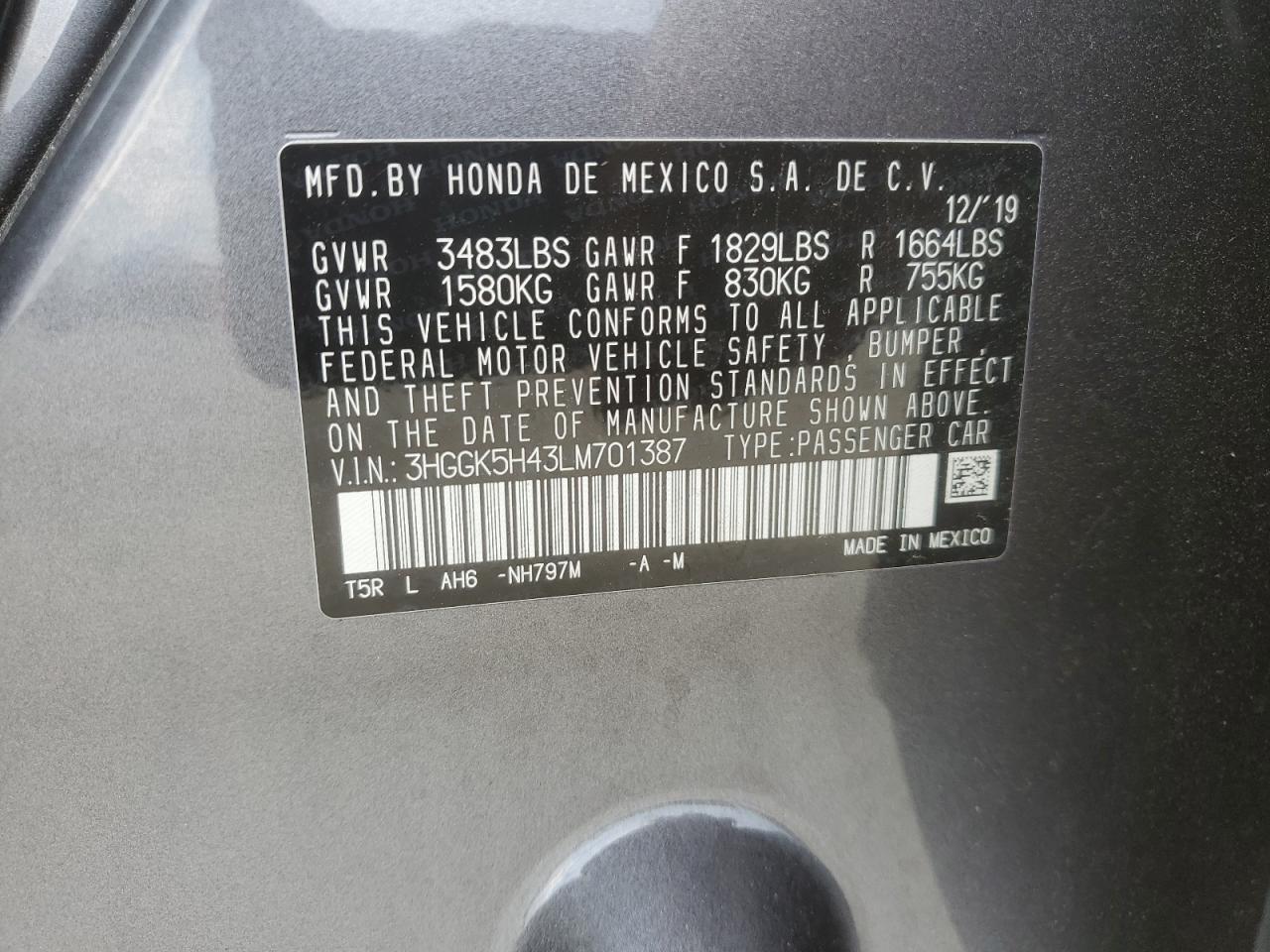 3HGGK5H43LM701387 2020 Honda Fit Lx