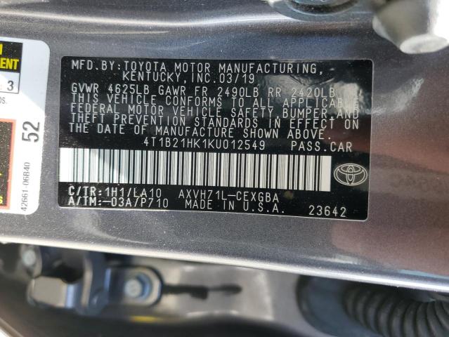 VIN 4T1B21HK1KU012549 2019 Toyota Camry, Hybrid no.12