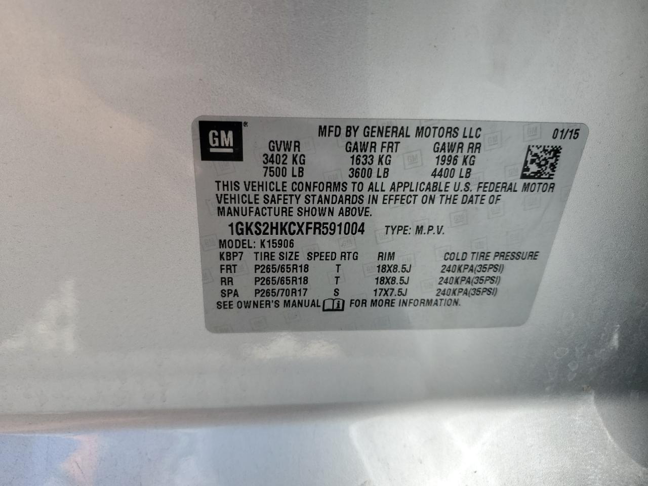 1GKS2HKCXFR591004 2015 GMC Yukon Xl K1500 Slt