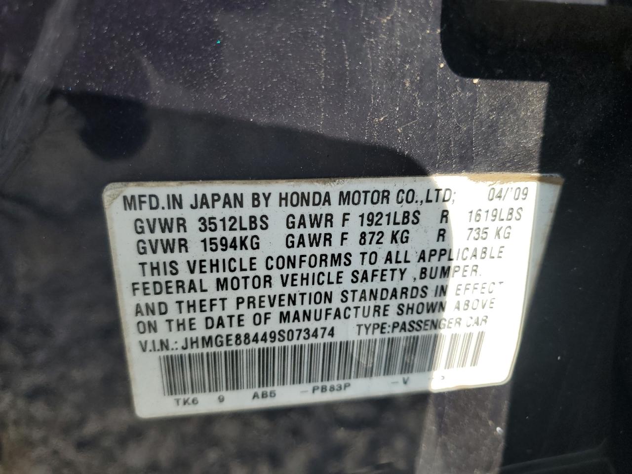 JHMGE88449S073474 2009 Honda Fit Sport