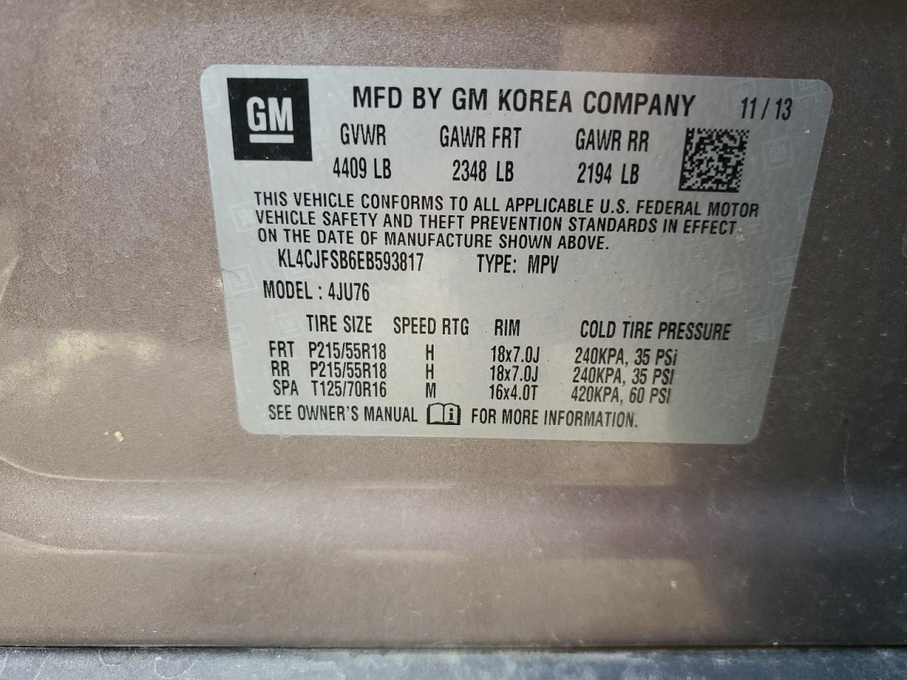 KL4CJFSB6EB593817 2014 Buick Encore Convenience