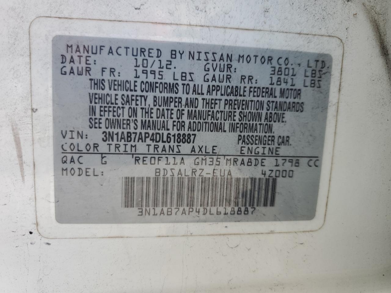 3N1AB7AP4DL618887 2013 Nissan Sentra S