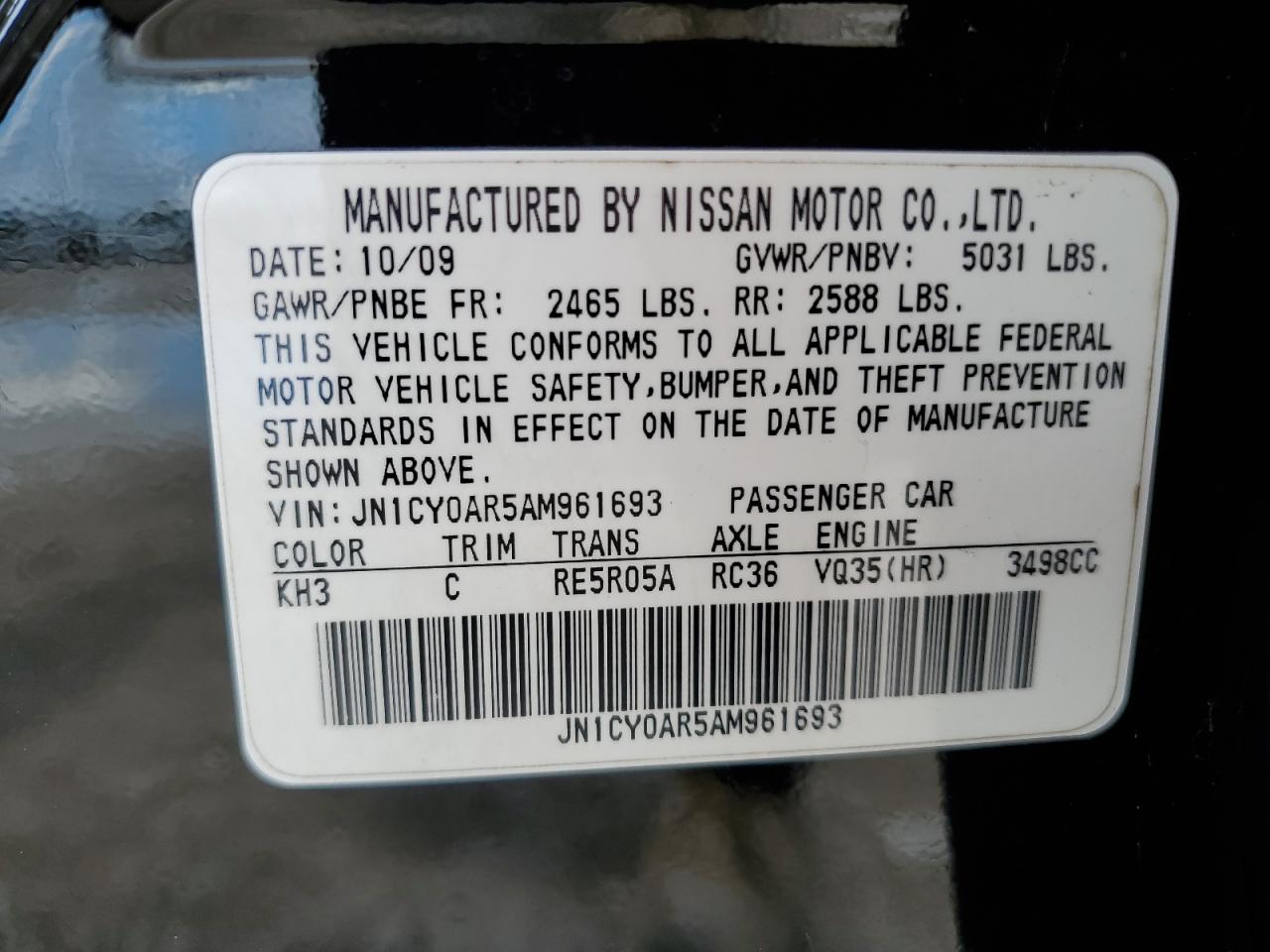 JN1CY0AR5AM961693 2010 Infiniti M35 Base