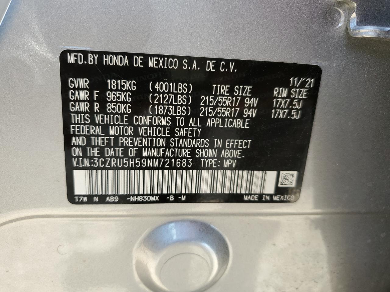 3CZRU5H59NM721683 2022 Honda Hr-V Ex