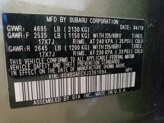 2018 Subaru Outback 2.5I Premium VIN: 4S4BSAFCXJ3361094 Lot: 58500104
