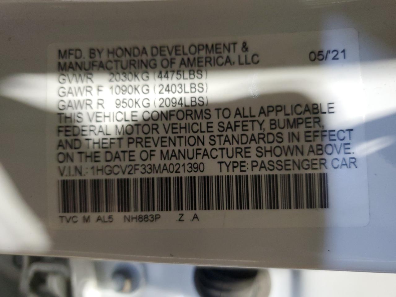 1HGCV2F33MA021390 2021 Honda Accord Sport