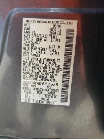 2008 Nissan Pathfinder S VIN: 5N1AR18U78C657679 Lot: 59954724