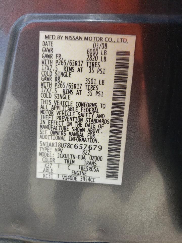 5N1AR18U78C657679 2008 Nissan Pathfinder S