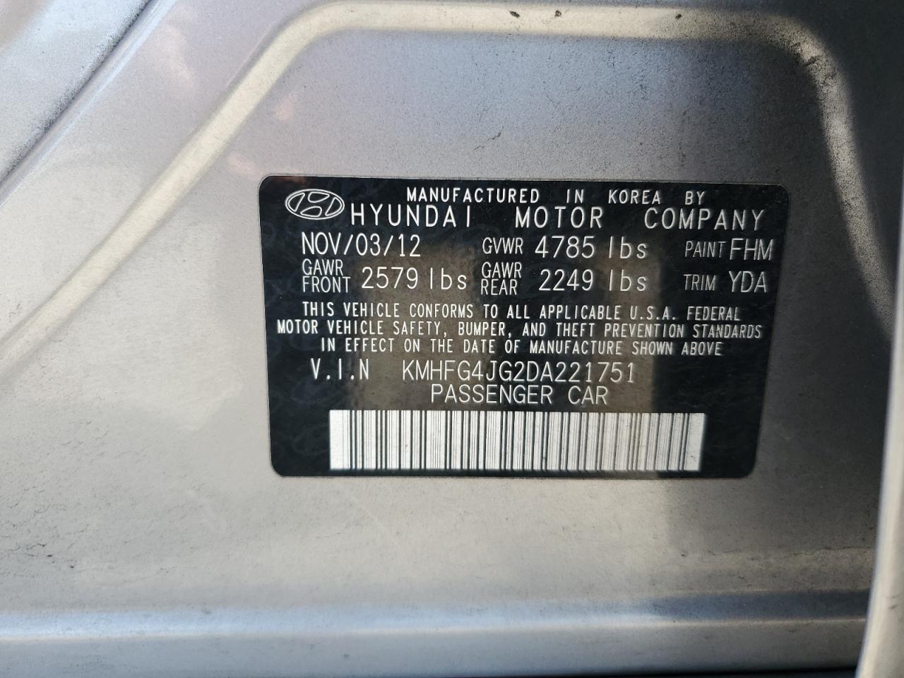 KMHFG4JG2DA221751 2013 Hyundai Azera