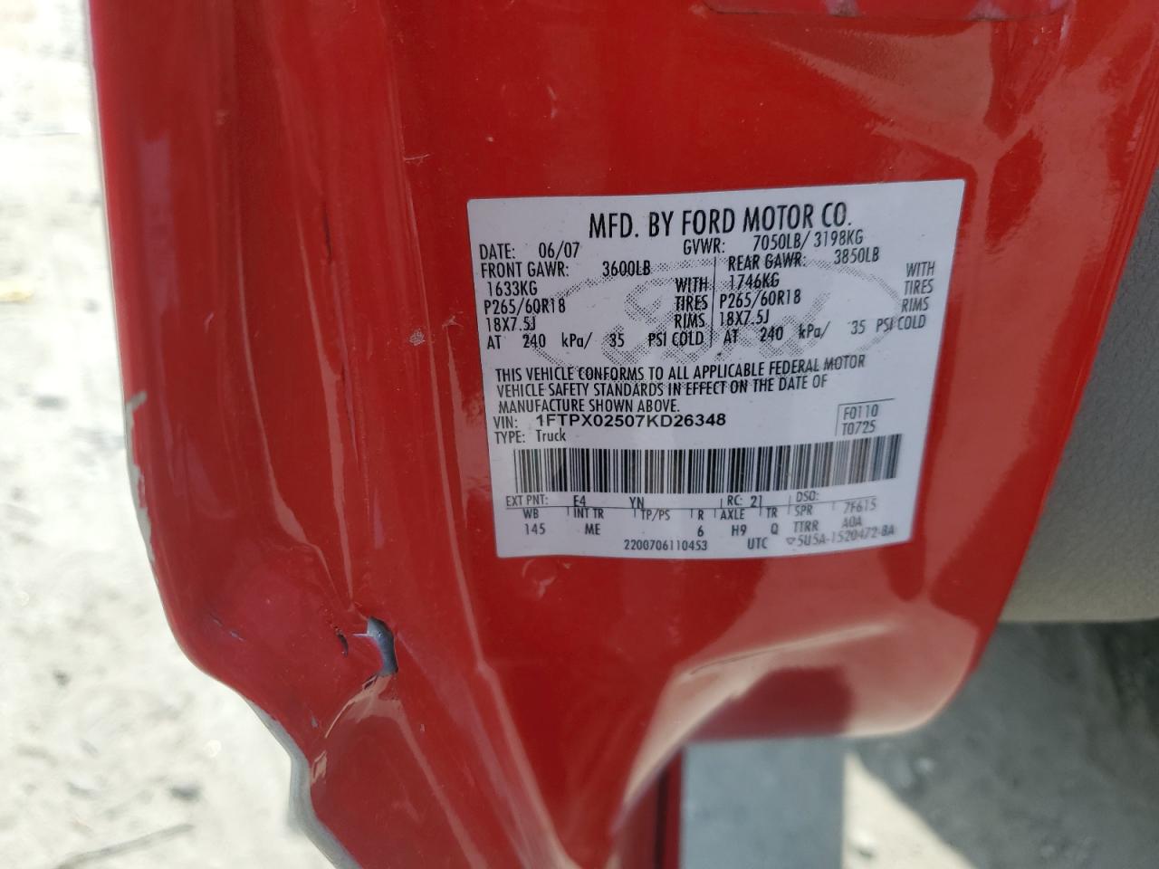 1FTPX02507KD26348 2007 Ford F150