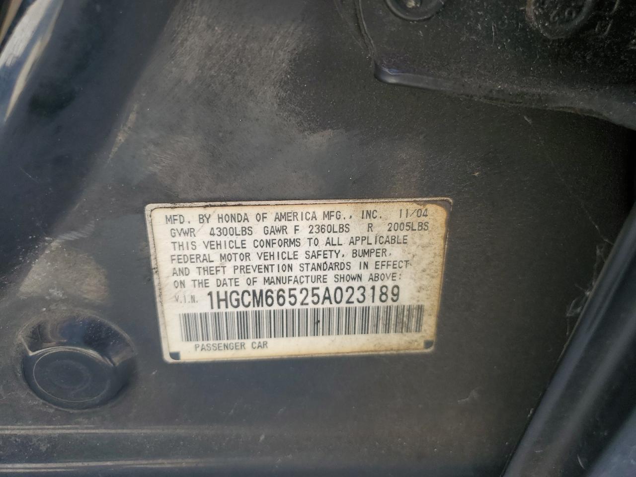 1HGCM66525A023189 2005 Honda Accord Ex