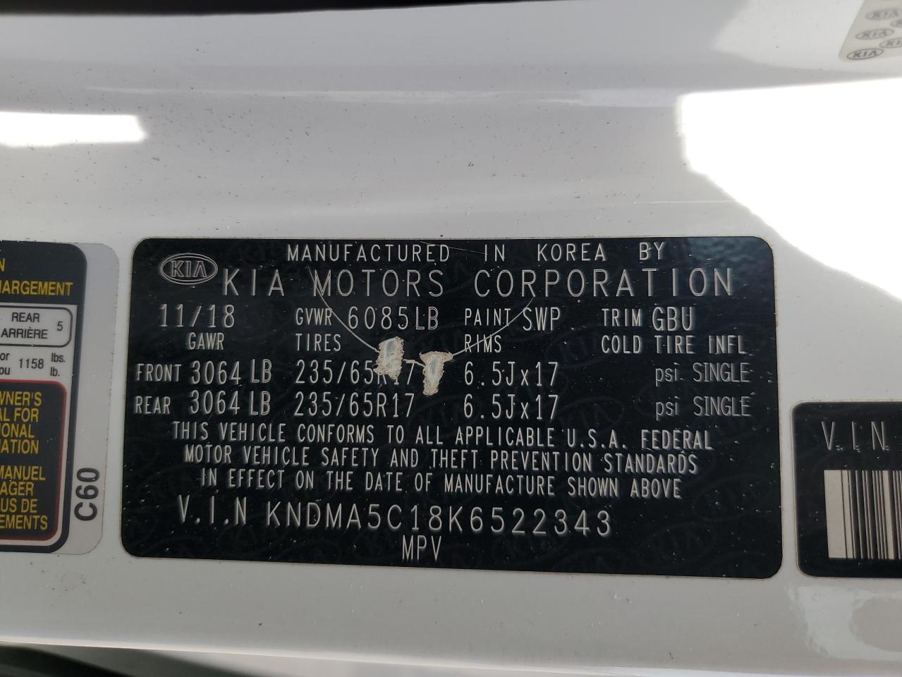 KNDMA5C18K6522343 2019 Kia Sedona L