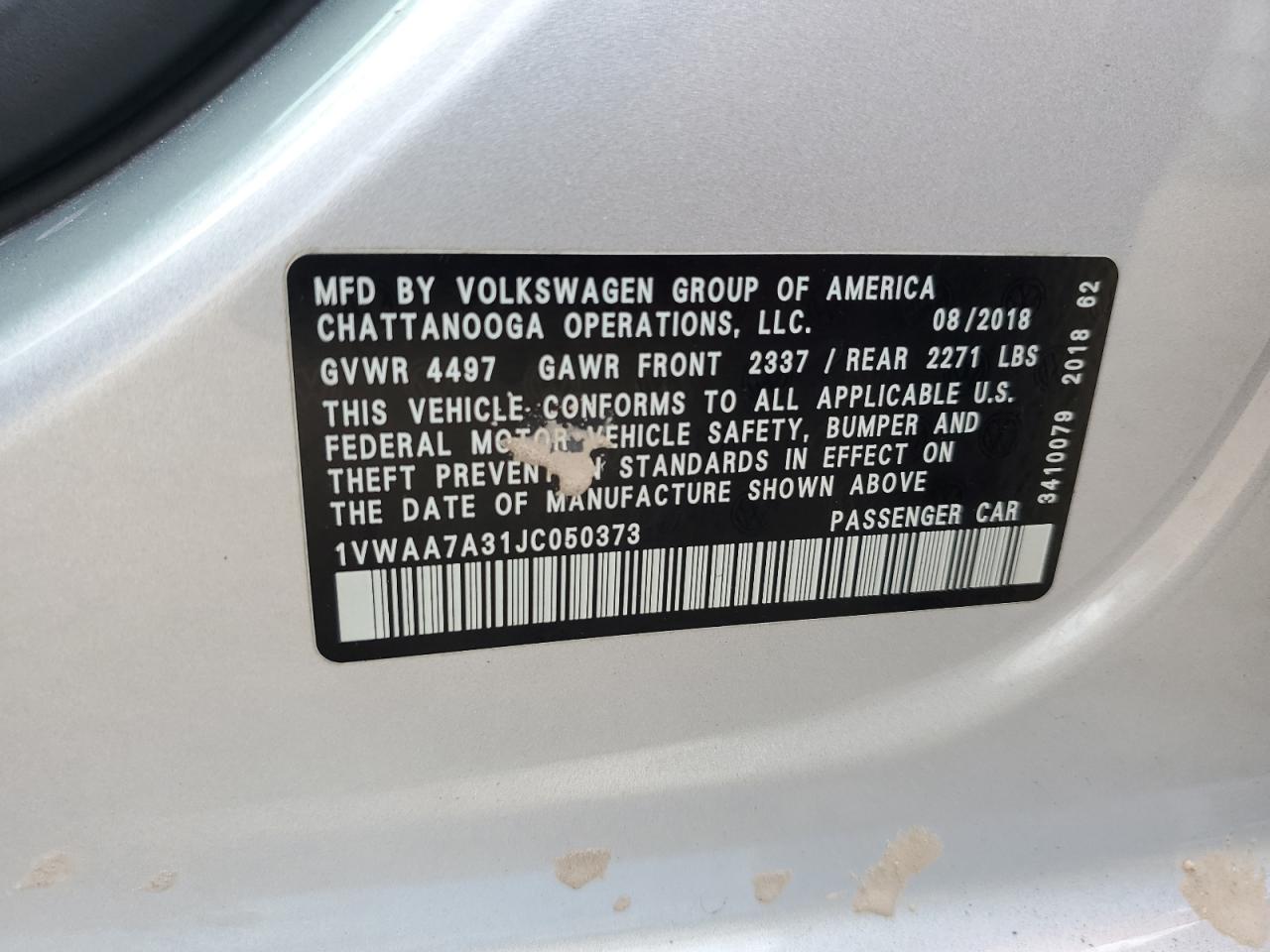 1VWAA7A31JC050373 2018 Volkswagen Passat S