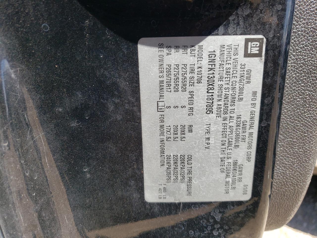 1GNFK130X8J187895 2008 Chevrolet Tahoe K1500