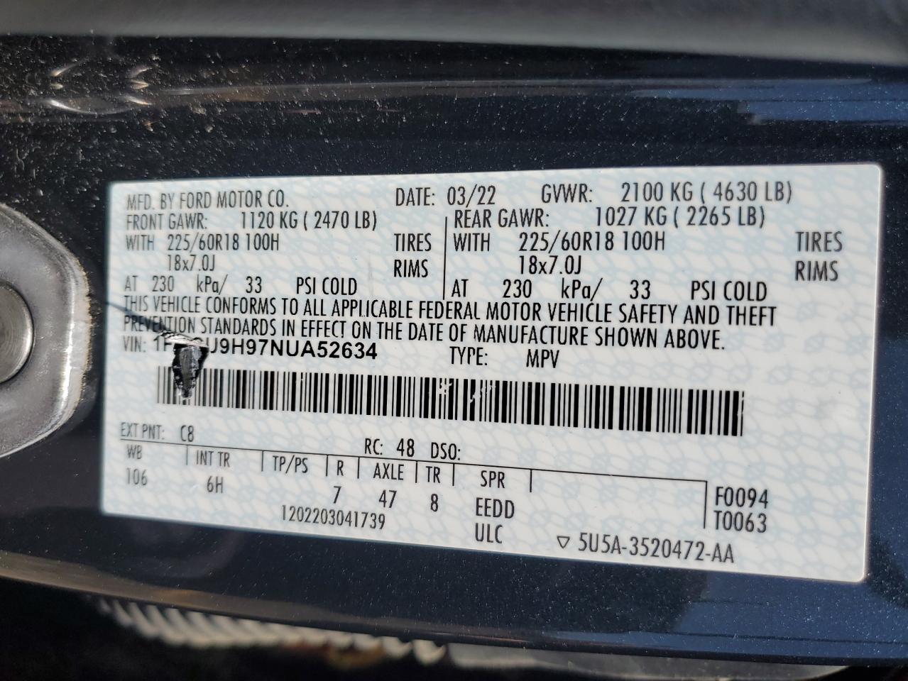 1FMCU9H97NUA52634 2022 Ford Escape Sel