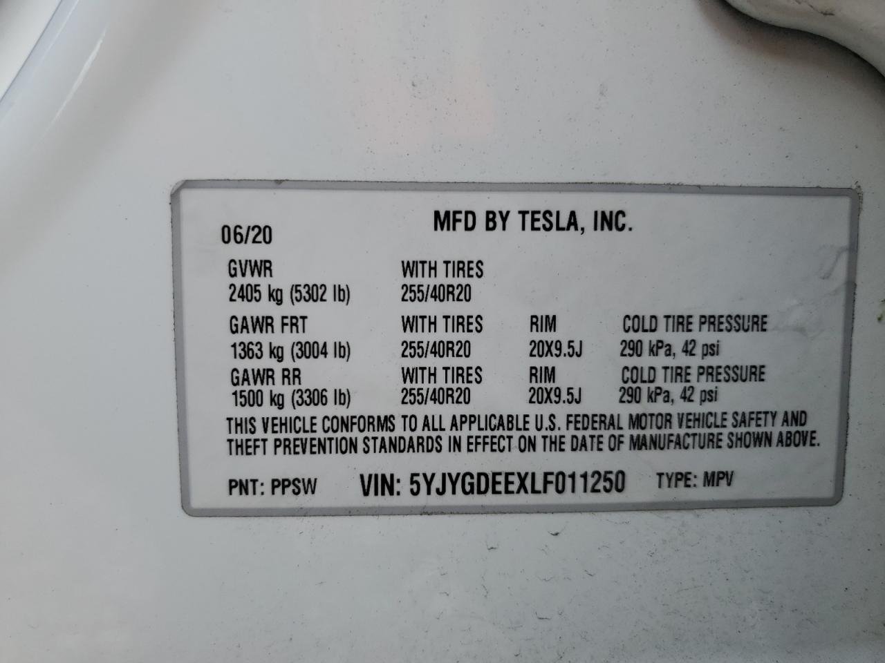 5YJYGDEEXLF011250 2020 Tesla Model Y