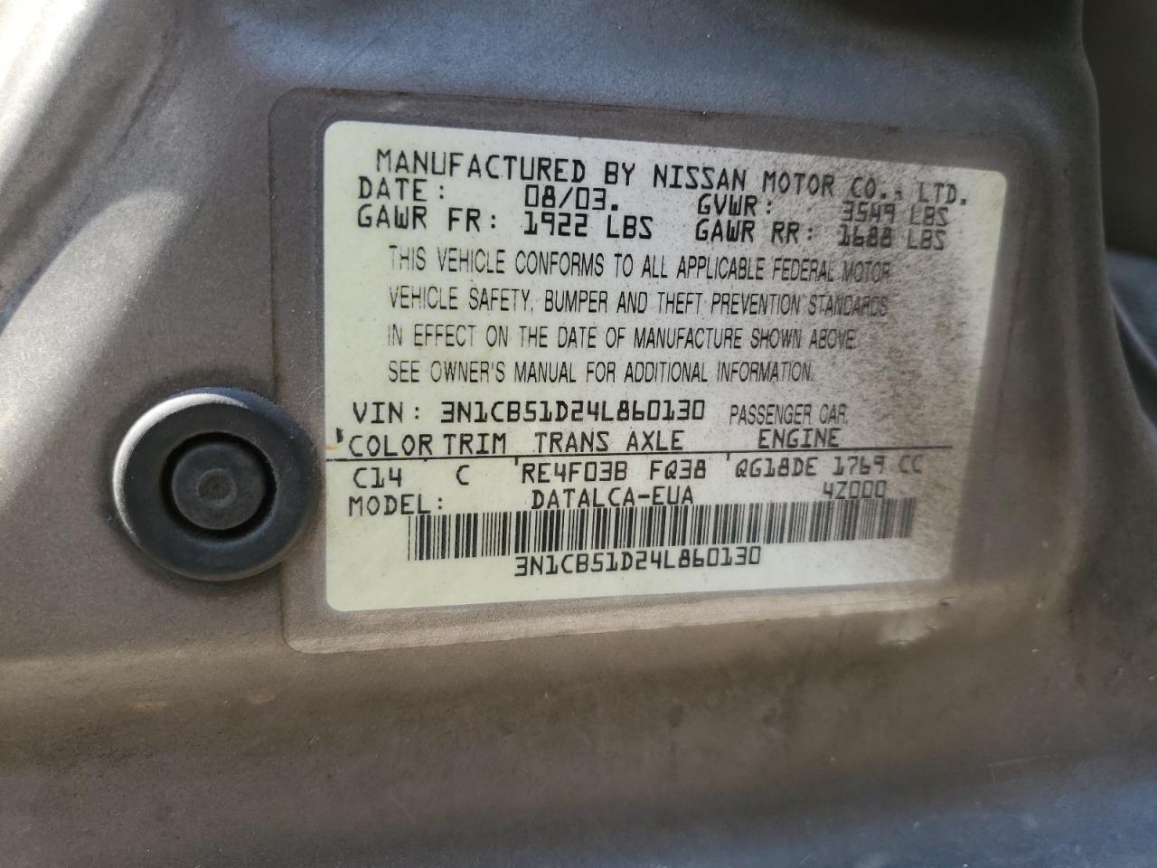 3N1CB51D24L860130 2004 Nissan Sentra 1.8