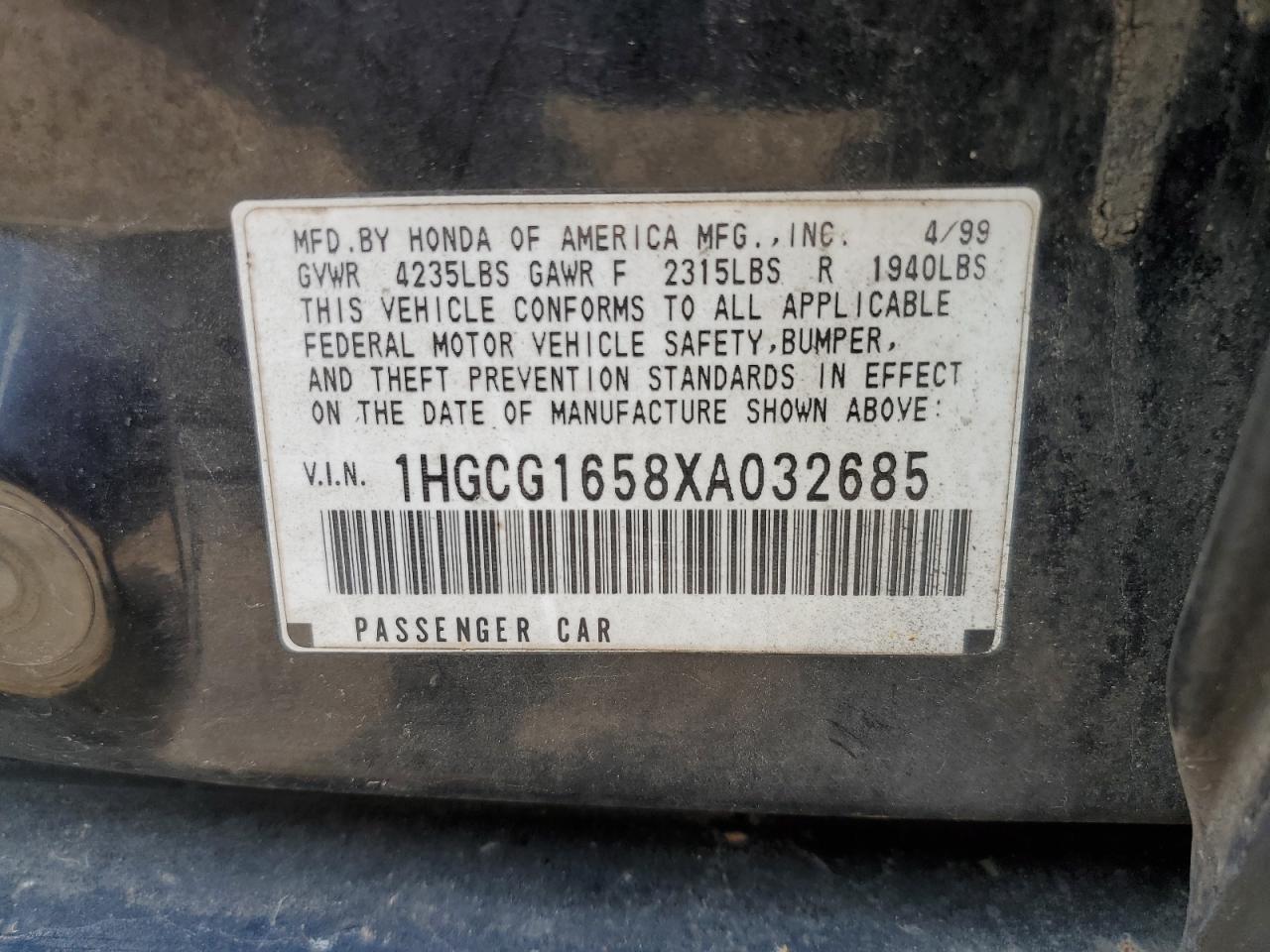 1HGCG1658XA032685 1999 Honda Accord Ex