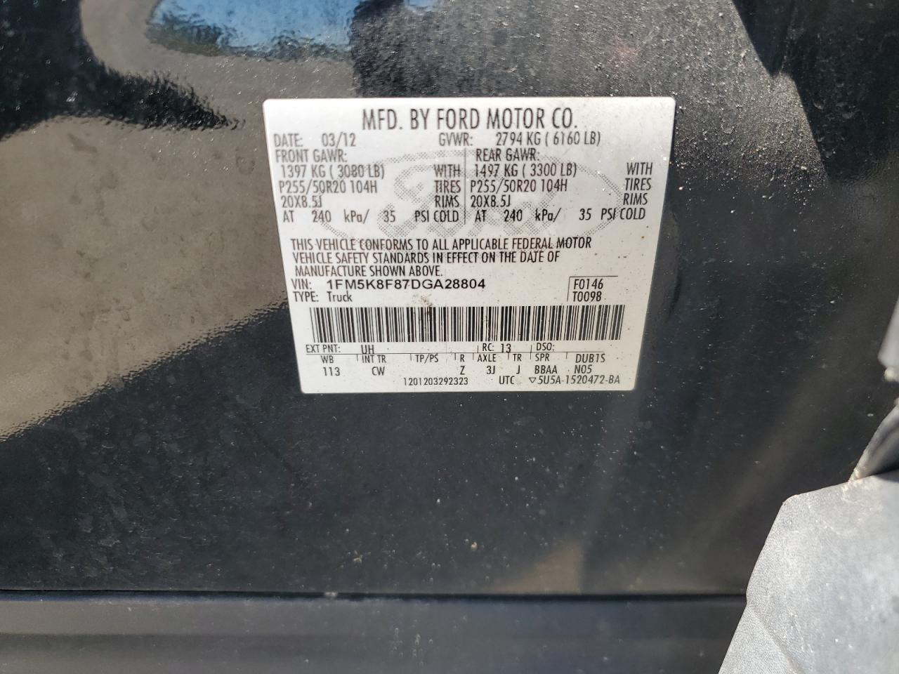 1FM5K8F87DGA28804 2013 Ford Explorer Limited