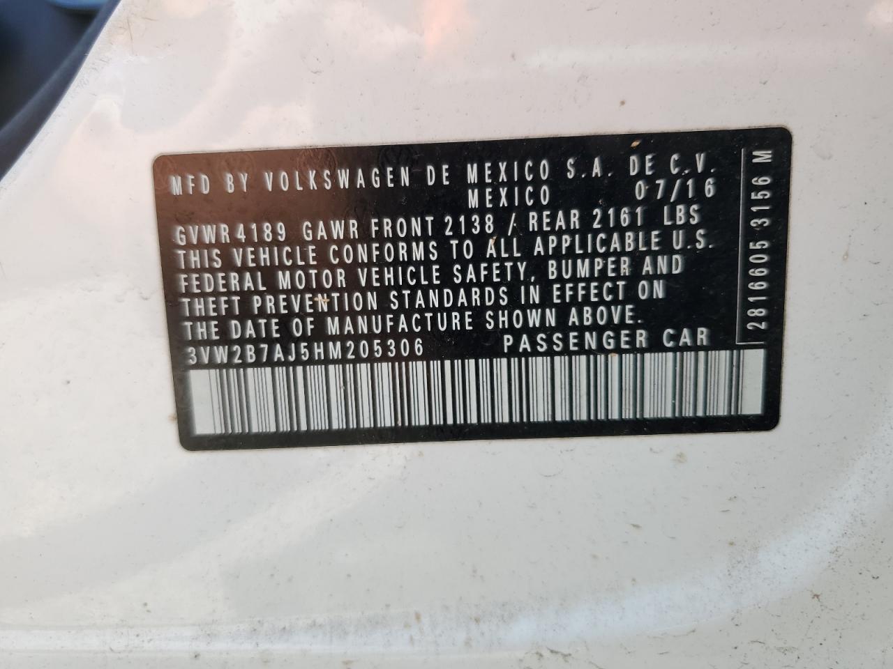 3VW2B7AJ5HM205306 2017 Volkswagen Jetta S