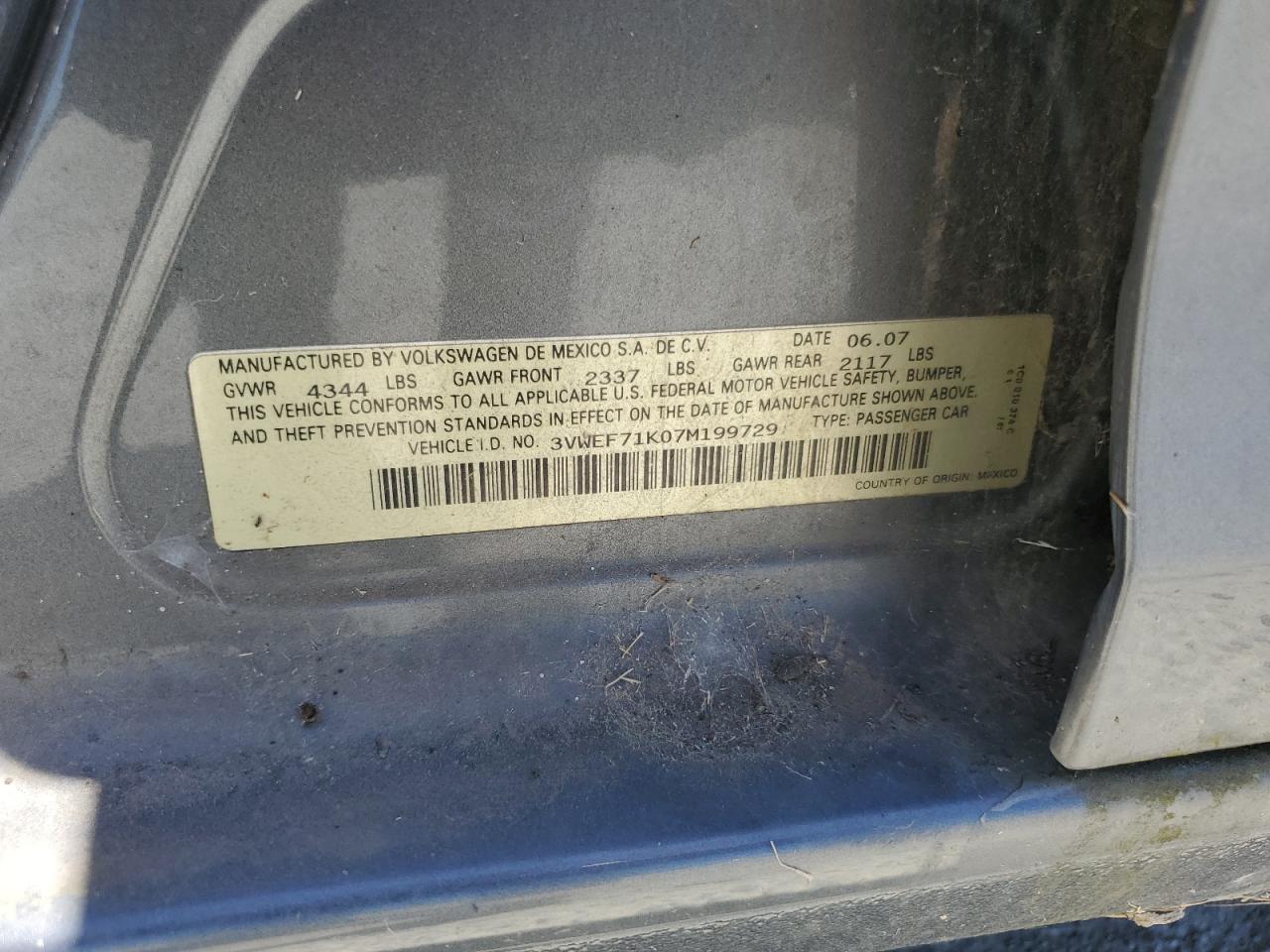 3VWEF71K07M199729 2007 Volkswagen Jetta Wolfsburg