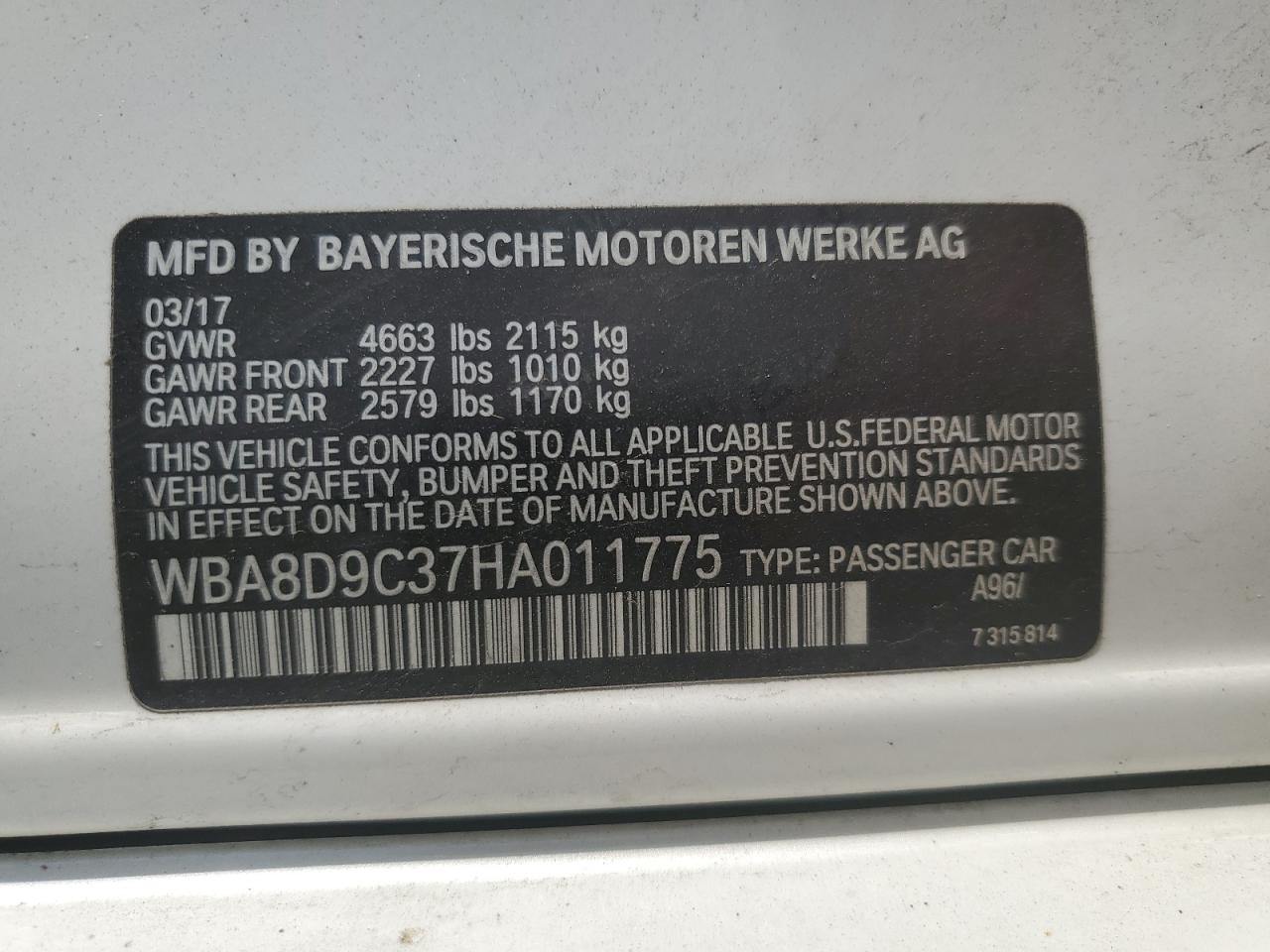 WBA8D9C37HA011775 2017 BMW 330 Xi