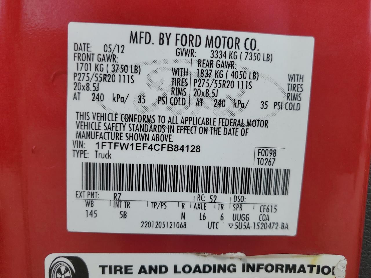 1FTFW1EF4CFB84128 2012 Ford F150 Supercrew