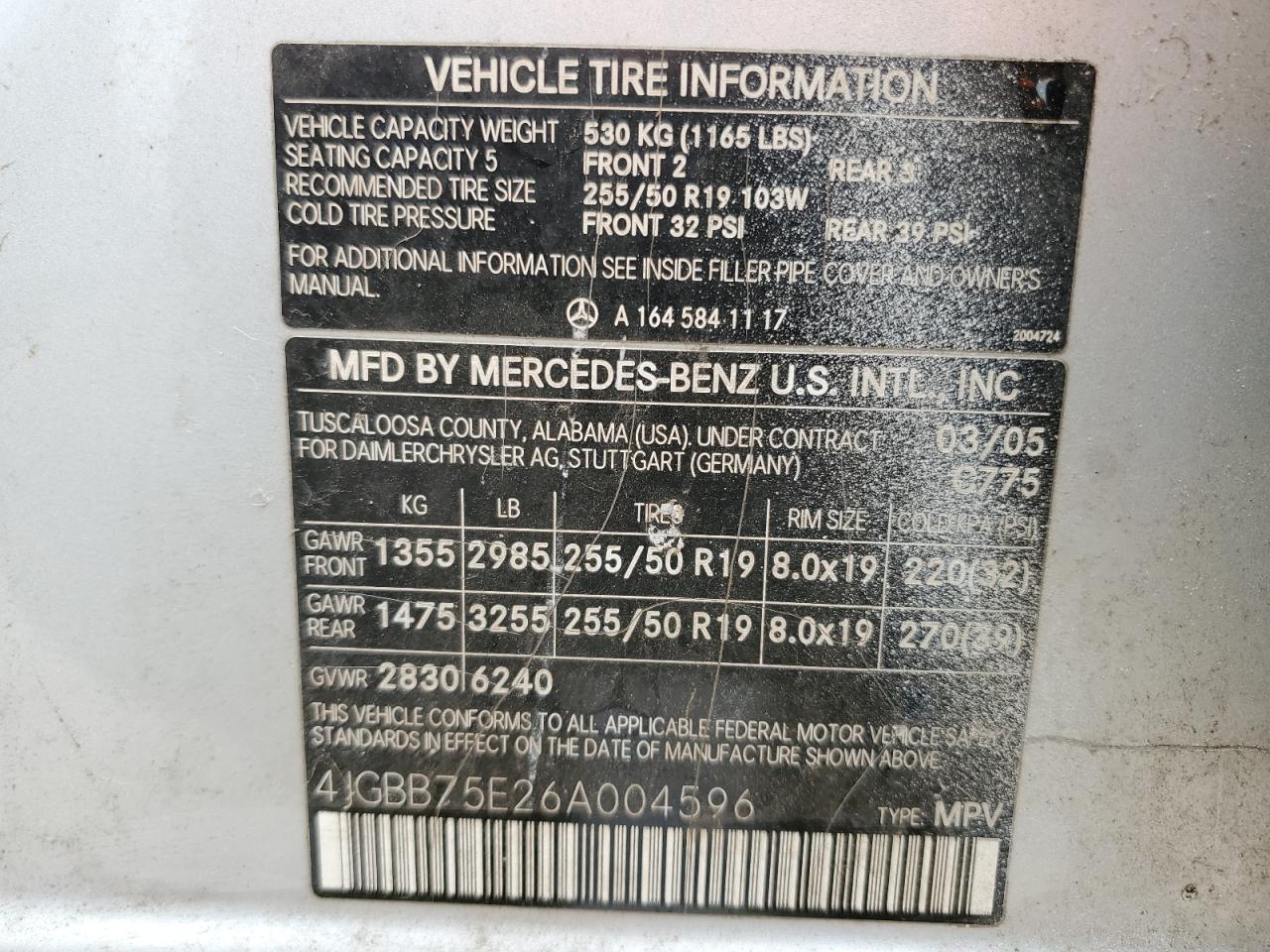 4JGBB75E26A004596 2006 Mercedes-Benz Ml 500