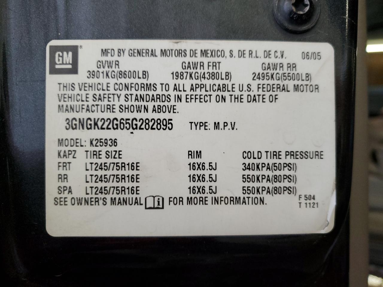 3GNGK22G65G282895 2005 Chevrolet Avalanche K2500