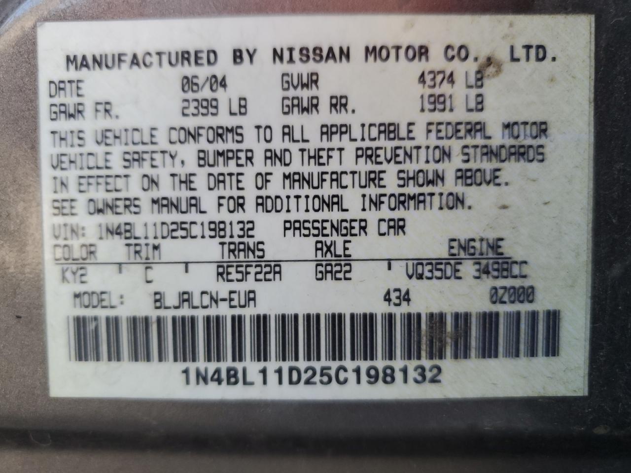 1N4BL11D25C198132 2005 Nissan Altima Se