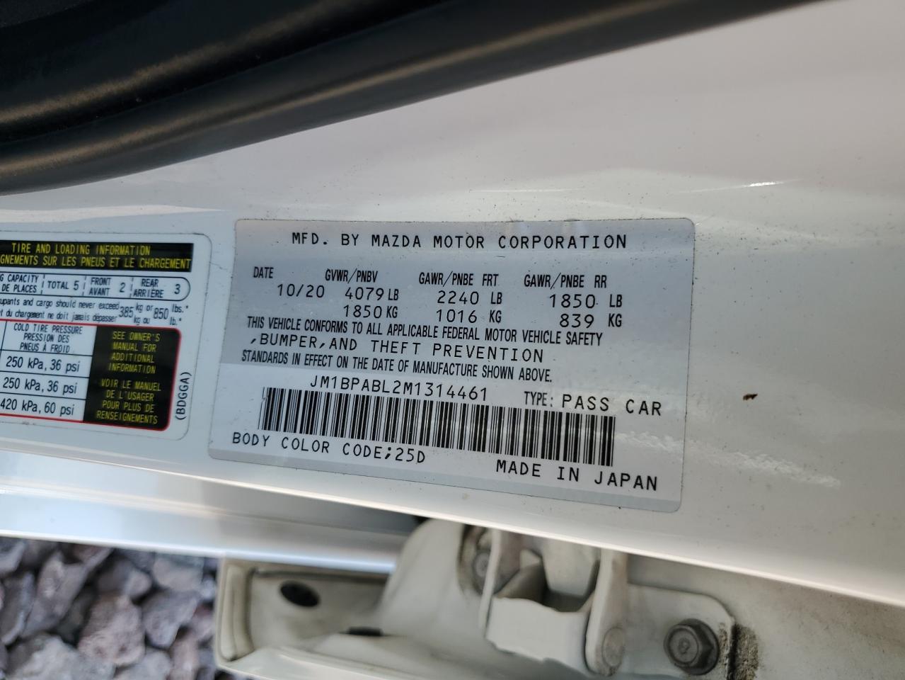 JM1BPABL2M1314461 2021 Mazda 3 Select