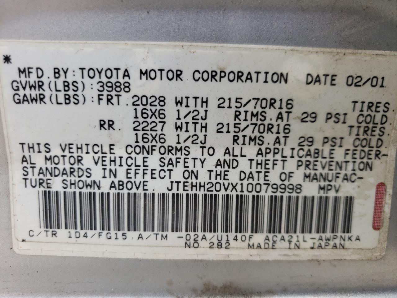 JTEHH20VX10079998 2001 Toyota Rav4