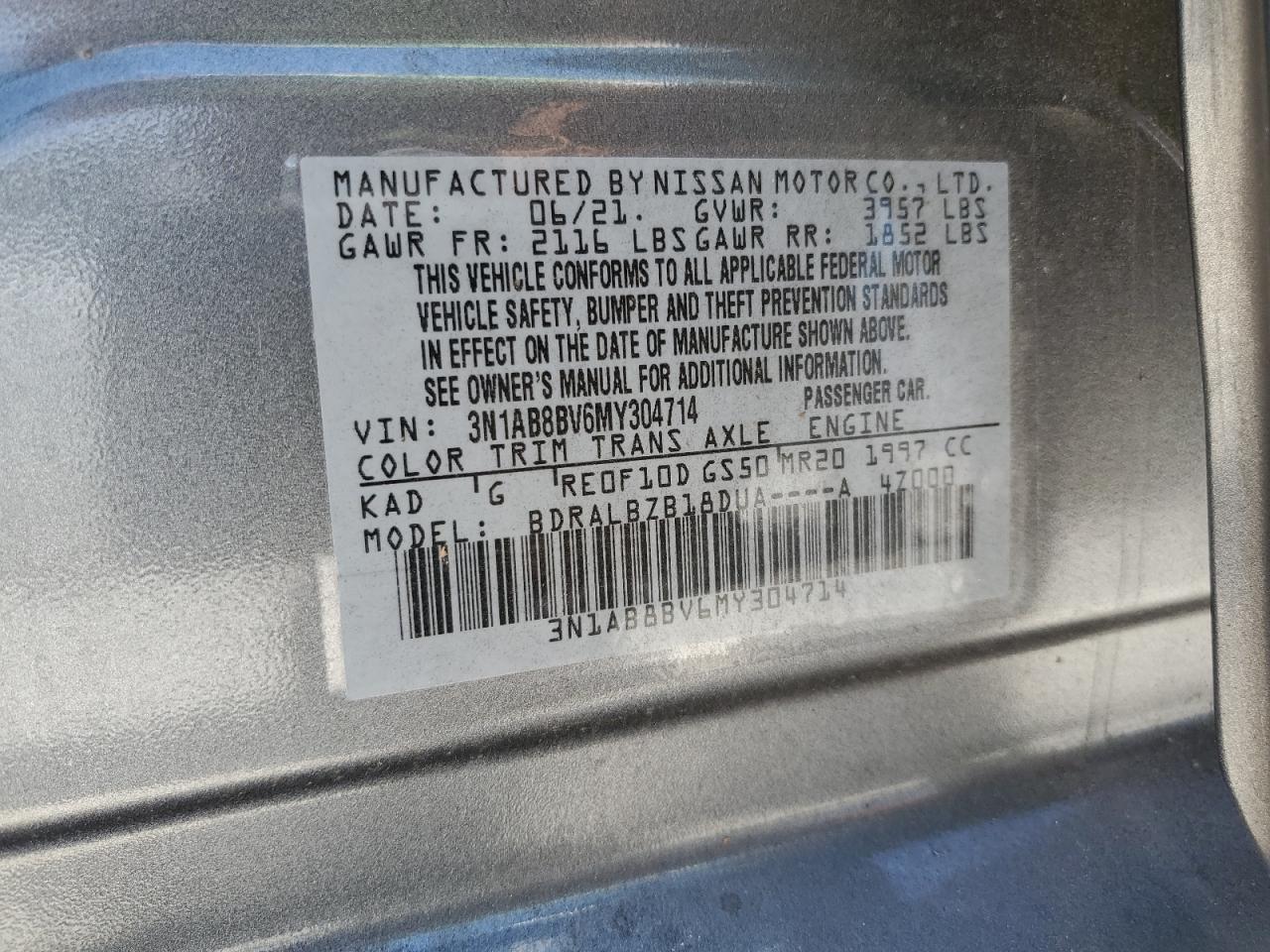 3N1AB8BV6MY304714 2021 Nissan Sentra S