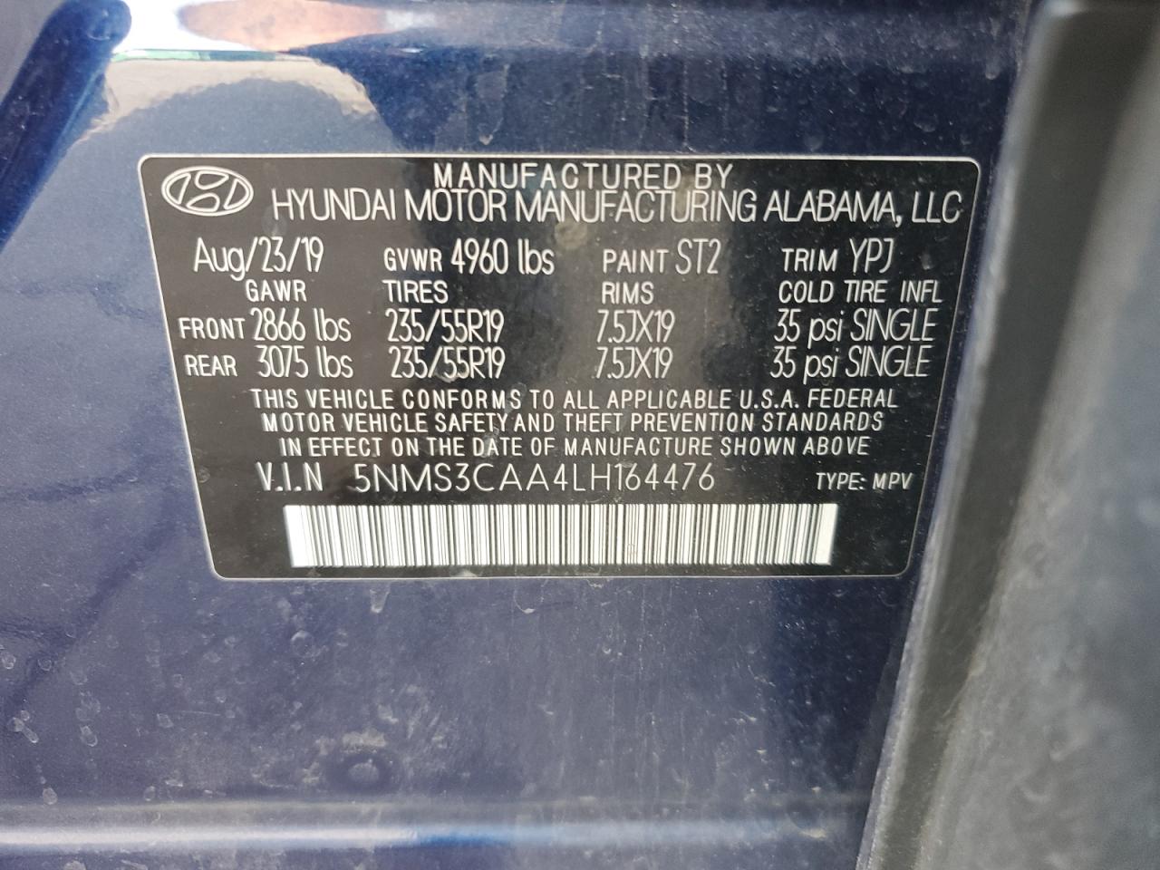5NMS3CAA4LH164476 2020 Hyundai Santa Fe Sel