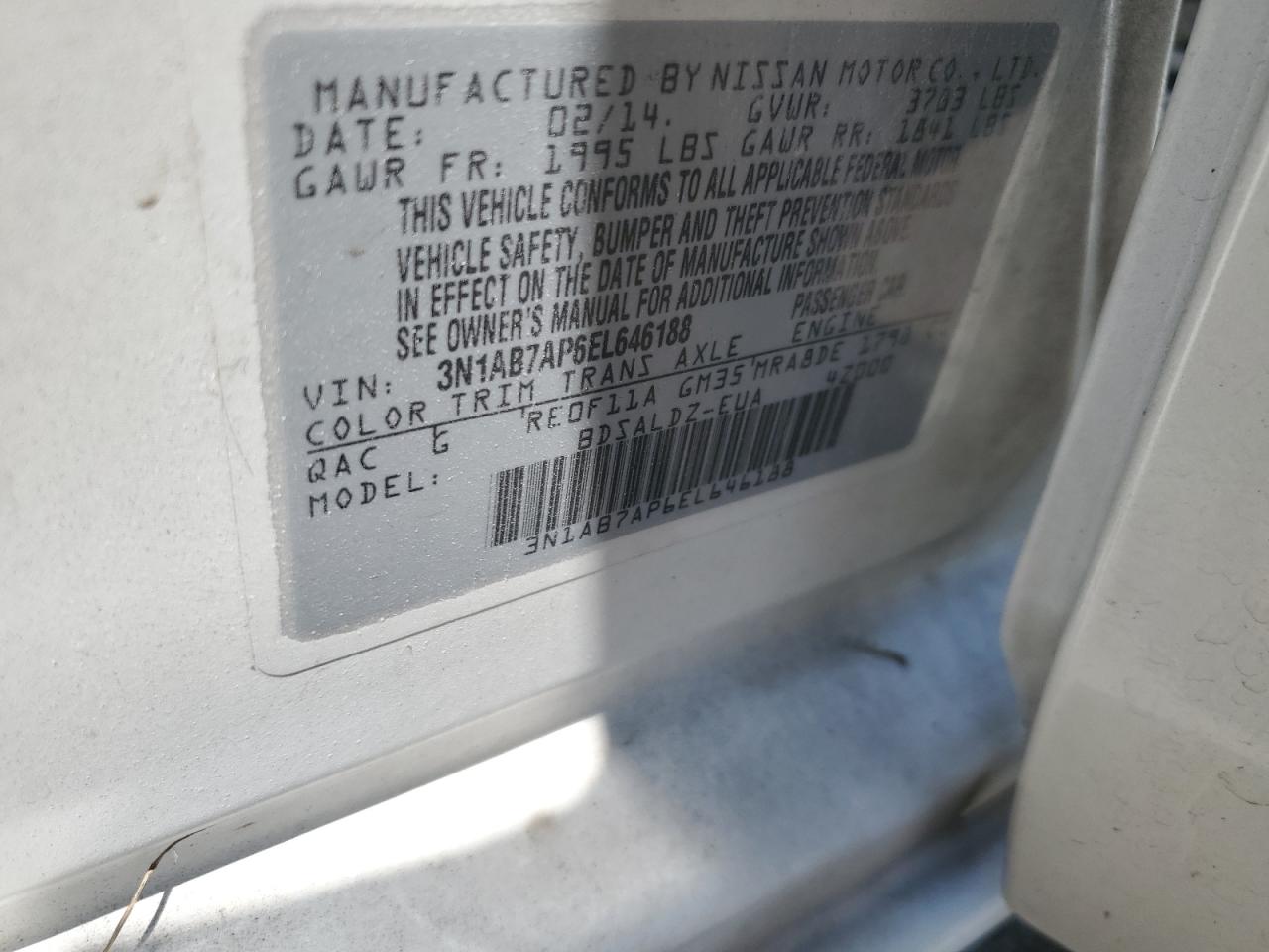 3N1AB7AP6EL646188 2014 Nissan Sentra S