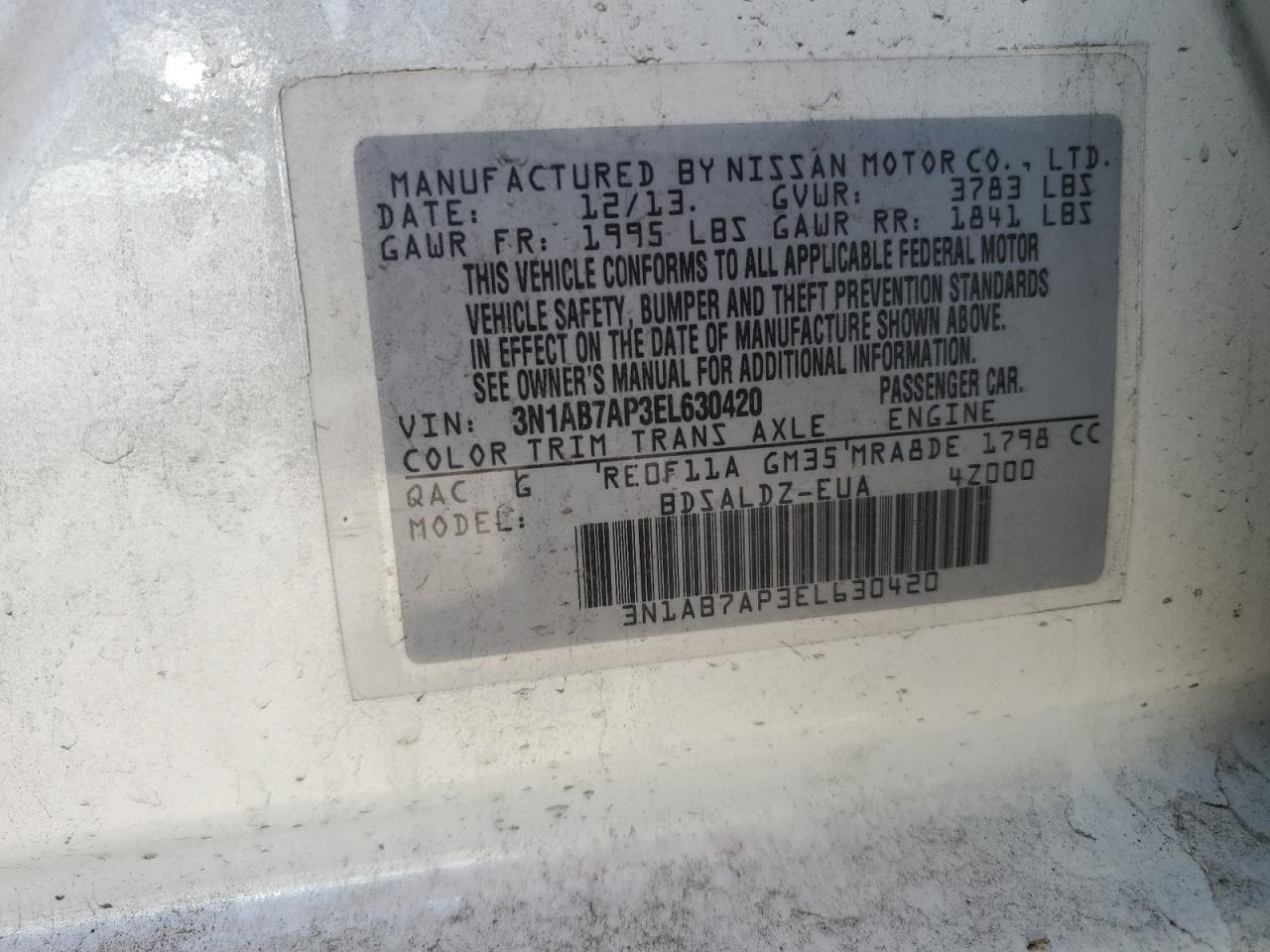 3N1AB7AP3EL630420 2014 Nissan Sentra S