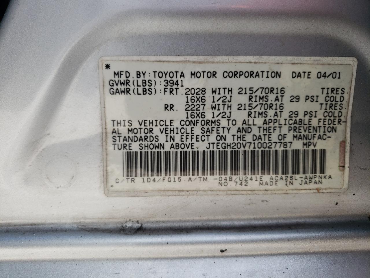 JTEGH20V710027787 2001 Toyota Rav4