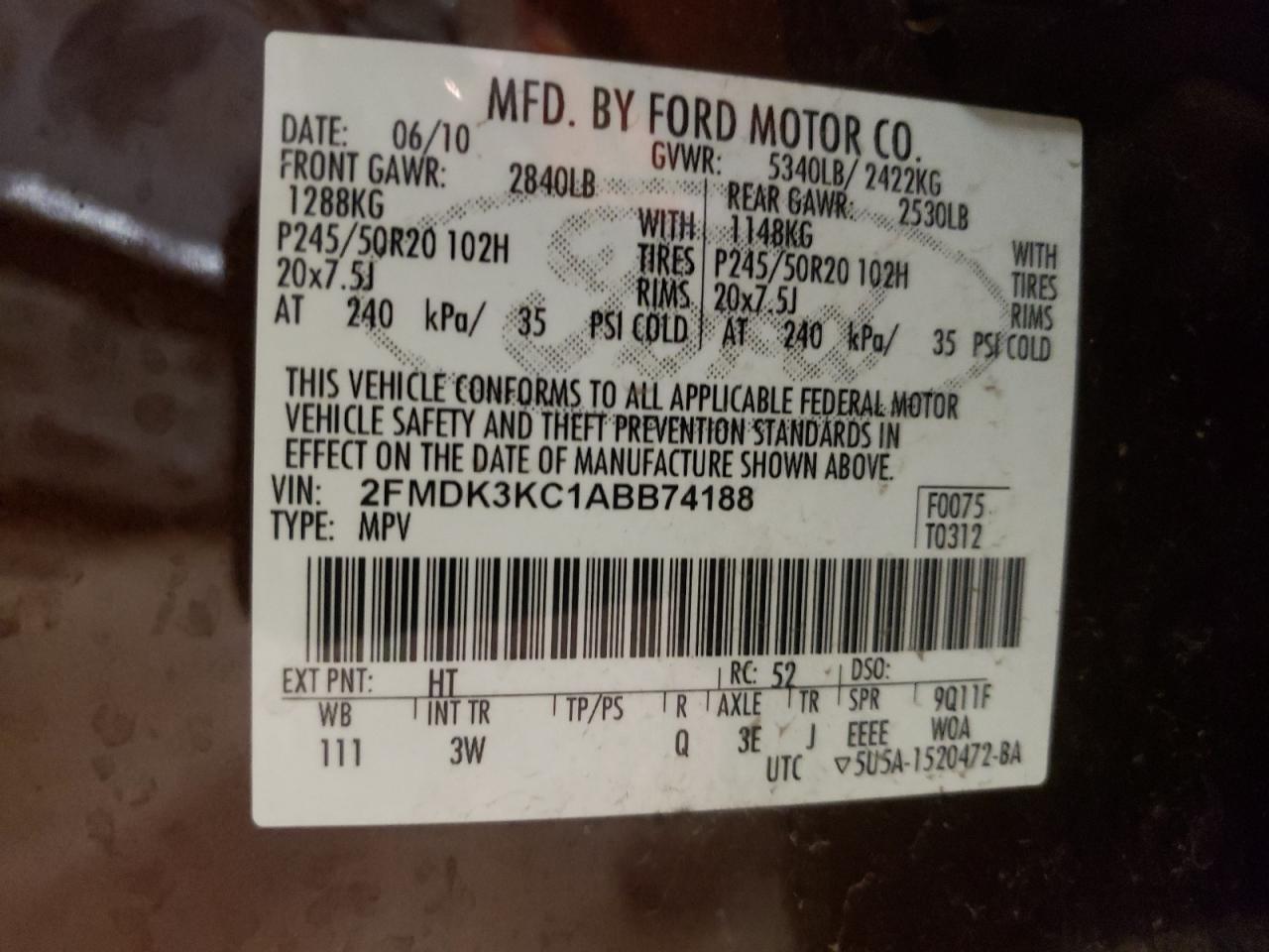 2FMDK3KC1ABB74188 2010 Ford Edge Limited