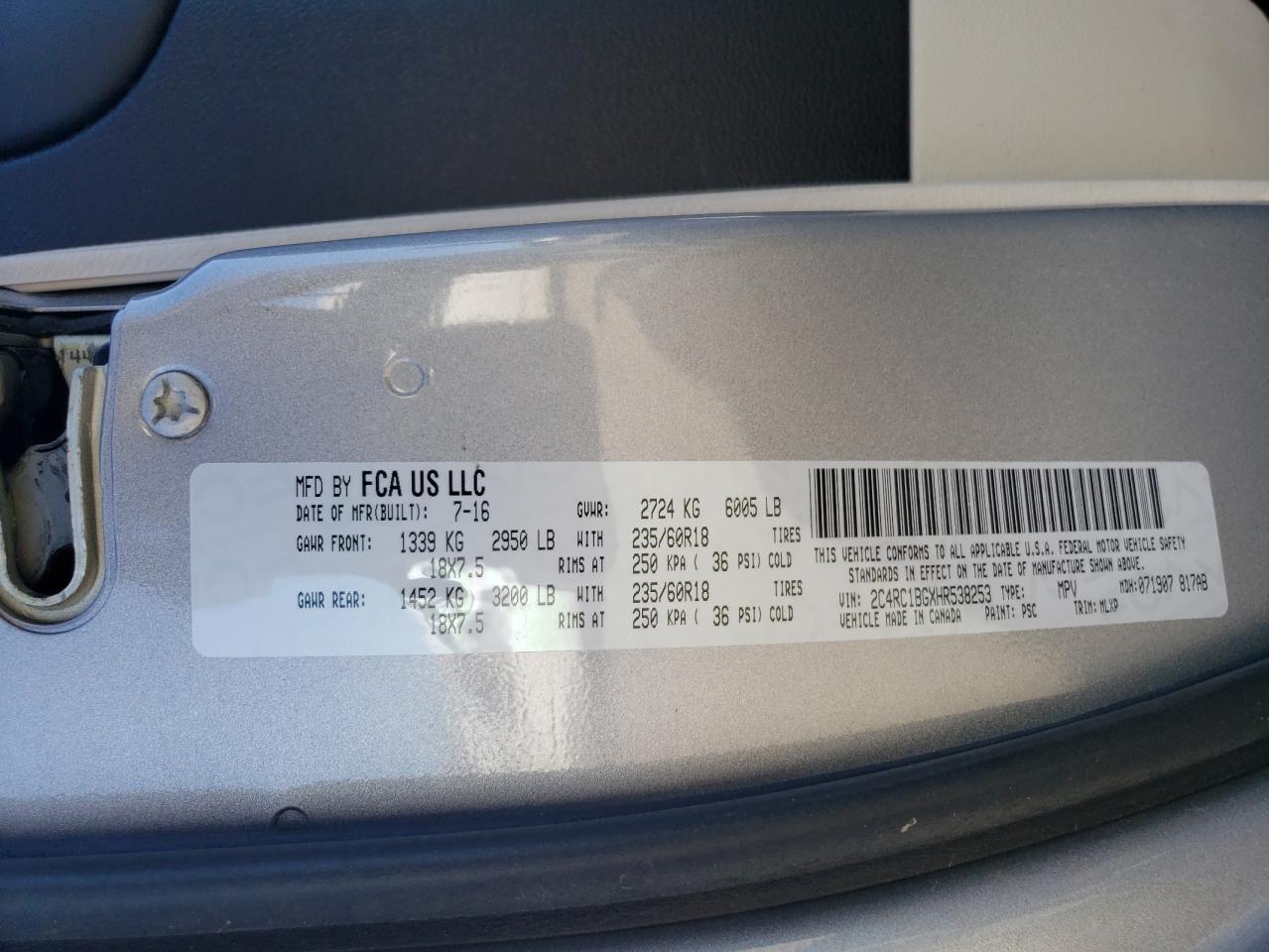 2C4RC1BGXHR538253 2017 Chrysler Pacifica Touring L